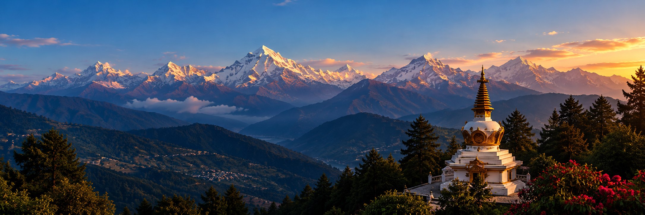 Himalaya mountains and a Buddhist stupa at sunset